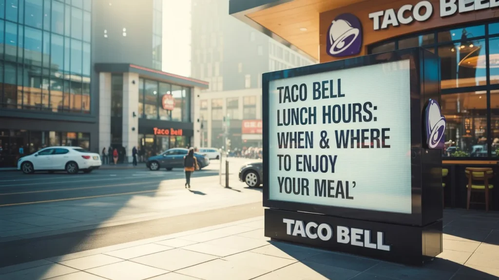 Lunch Hours 1 Current image: A Taco Bell restaurant with a digital signboard displaying Taco Bell lunch hours