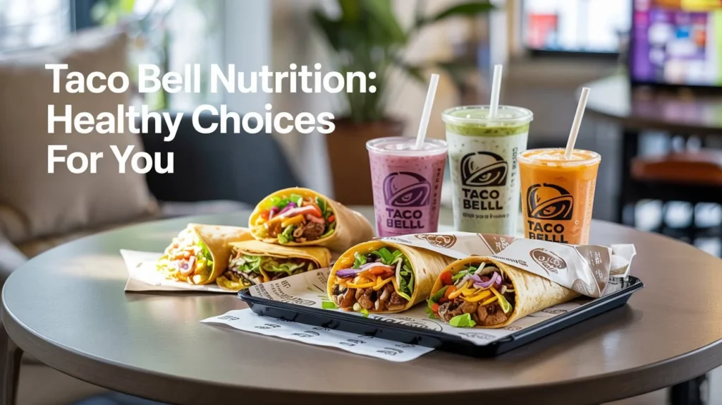 Taco Bell nutrition menu featuring healthy burritos and colorful smoothies on a table