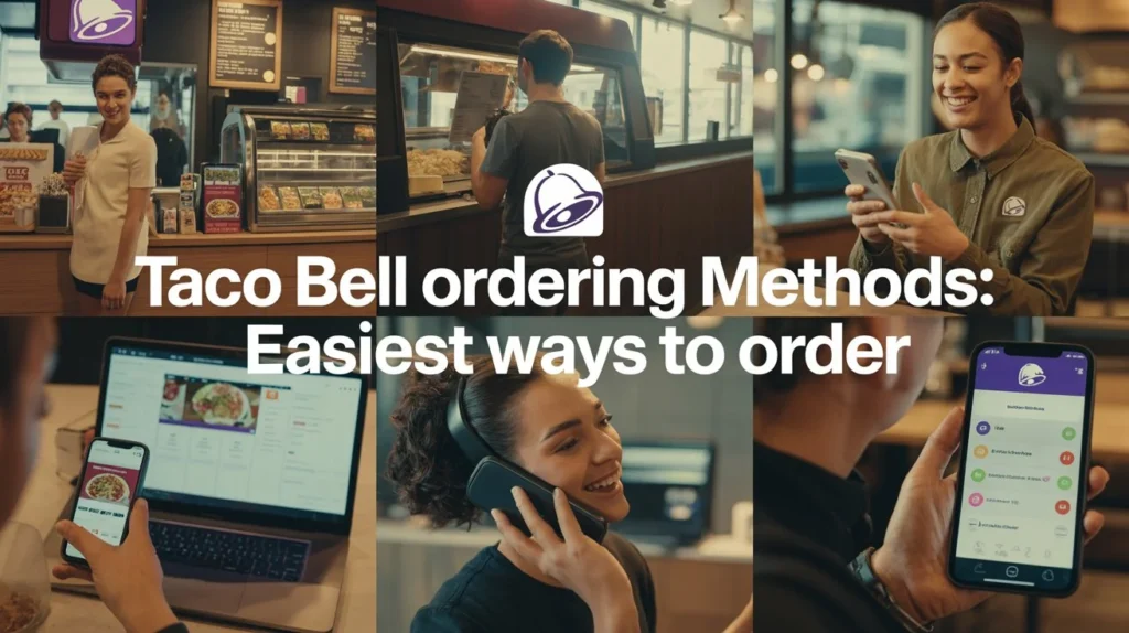 Ordering Methods 1 Current image: Taco Bell ordering methods displayed with customers placing orders at the counter, using the mobile app, website, and phone call, showing the easiest ways to order from Taco Bell.