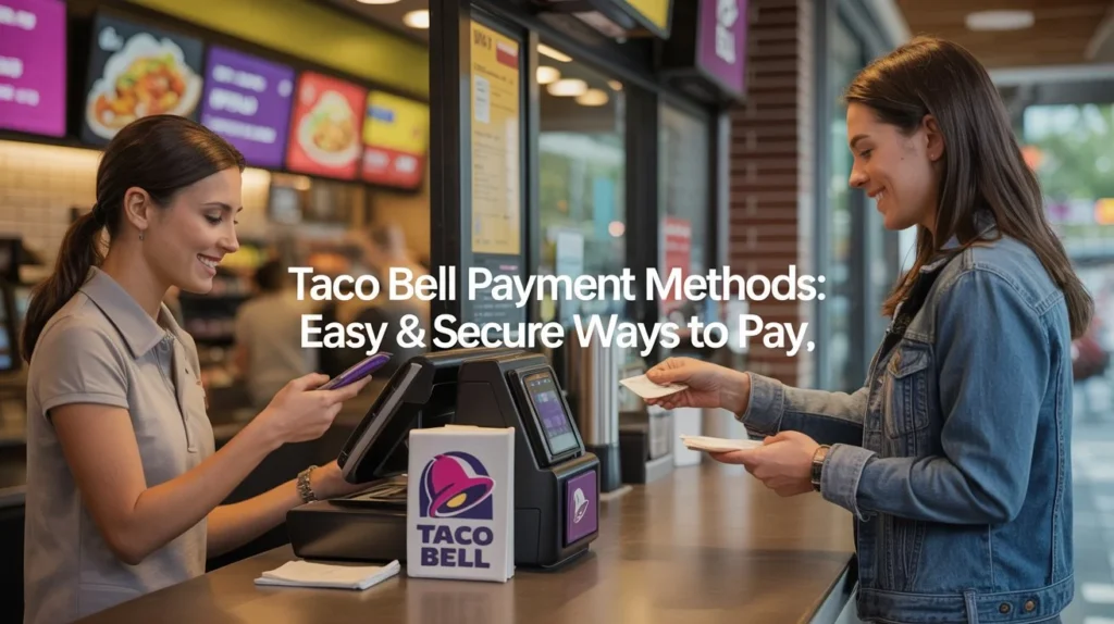 Payment Methods 1 Current image: Customer using card and phone to pay at the counter, demonstrating Taco Bell payment methods with easy and secure checkout options