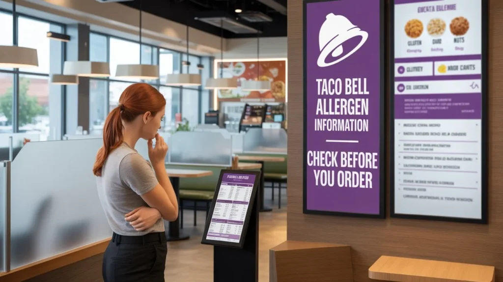 Allergen information 1 Current image: A woman checking Taco Bell allergen information on a digital kiosk inside a Taco Bell restaurant before placing her order, highlighting gluten, dairy, and nut allergen alerts.