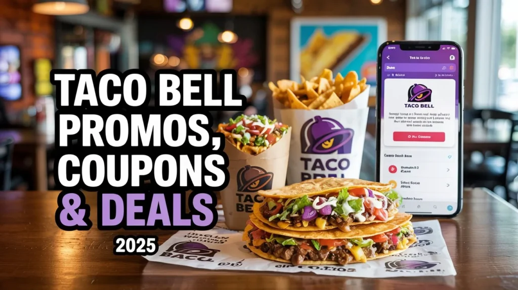 Promo codes 1 Taco Bell promo codes, coupons, and deals for 2025 are displayed on the mobile app screen alongside Crunchwrap, tacos, fries, and loaded nachos at a Taco Bell restaurant.
