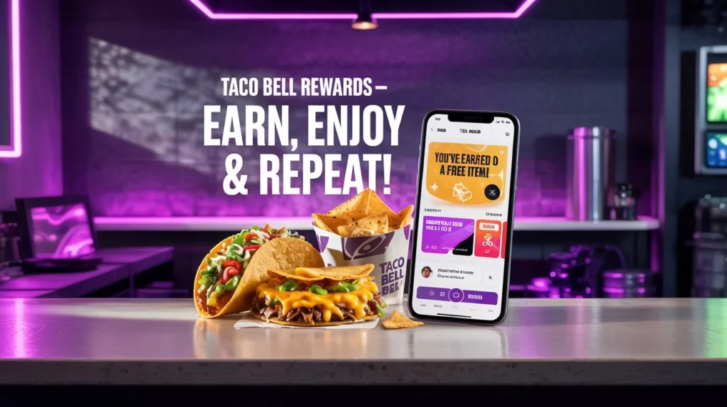 Rewards 1 Taco Bell Rewards program showing earned free item on mobile app, with tacos, nachos, and cheesy flatbread.