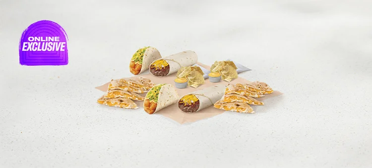 Menu 160 Veggie Meal for 2 featuring 2 Cheese Quesadillas, 2 Bean Burritos, 2 Spicy Potato Soft Tacos, and 2 orders of Chips & Nacho Cheese sauce.