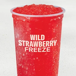 Menu 230 Wild Strawberry Freeze, served in a clear plastic cup.