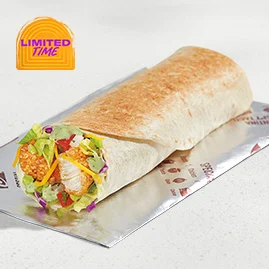 Avocado Ranch Crispy Chicken Burrito with crunchy chicken, cheddar, pico, lettuce, and avocado ranch, wrapped and grilled in flour tortilla
