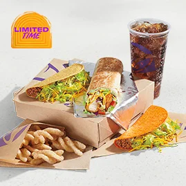 Discovery Luxe Box with Avocado Ranch Crispy Chicken Burrito, Nacho Cheese Doritos® Locos Tacos, crunchy taco, cinnamon twists and a medium fountain drink.