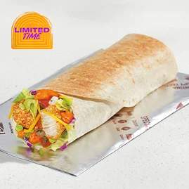 Spicy Ranchero Crispy Chicken Burrito with crunchy chicken strips, cheddar, pico, lettuce, cabbage, ranchero sauce, grilled in flour tortilla