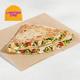 Menu 147 Grilled chicken, avocado ranch sauce, shredded lettuce, diced tomatoes, cheddar cheese, and creamy sauce folded inside a toasted flour tortilla stacker