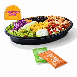 Menu 135 Cantina Chicken Bowl with grilled chicken, black beans, rice, guacamole, shredded cheese, lettuce, red cabbage, pico de gallo, and sour cream