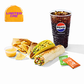 Menu 58 Cantina Chicken Burrito Combo featuring a grilled chicken burrito filled with seasoned chicken, cilantro lime rice, black beans, shredded cheese, and creamy Cantina sauce, served with a crunchy taco, tortilla chips, nacho cheese dipping sauce, salsa packet, and a Pepsi fountain drink.