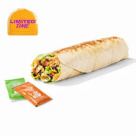 Menu 119 Cantina Chicken Burrito with grilled chicken, rice, cheese, lettuce, sauce, and flour tortilla
