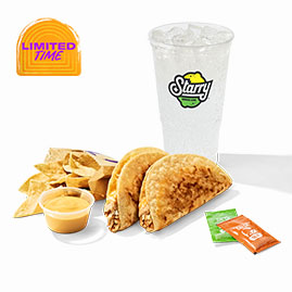 Menu 57 Cantina Chicken Crispy Taco Combo featuring a crispy chicken taco filled with crispy chicken, fresh lettuce, shredded cheddar cheese, and creamy Cantina sauce, served with tortilla chips, nacho cheese dipping sauce, and a Starry fountain drink.