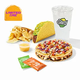 Menu 13 Cantina Chicken Mexican Pizza Combo with chicken pizza, taco, tortilla chips, cheese dip, and Starry drink