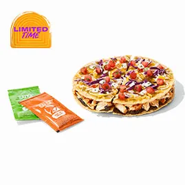 Menu 12 Cantina Chicken Mexican Pizza with chicken, cheese, tomatoes, sauce, and crispy pizza shells