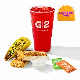 Menu 16 Cantina Chicken Rolled Quesadilla Combo with quesadilla, taco, cheese dip, sauces, and fruit punch drink
