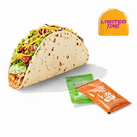 Menu 107 Cantina Chicken Soft Taco with chicken, lettuce, cabbage, cheese, sauce, and soft tortilla