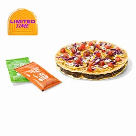 Menu 17 Cantina Veggie Mexican Pizza with cheese, tomatoes, vegetables, sauce, and crispy pizza shells
