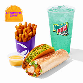 Menu 2 Crispy Chicken Chipotle Bacon Melt Burrito Combo featuring a crispy chicken chipotle bacon melt burrito, crunchy taco, crinkle-cut fries, nacho cheese dipping sauce, and a Mountain Dew Baja Blast fountain drink.
