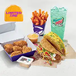 Menu 13 Crispy chicken nuggets with fries, dipping sauces, tacos, and Mountain Dew drink