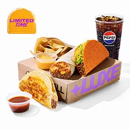 Menu 14 Discovery Luxe Box with tacos, burrito, fries, cheese dip, dipping sauce, and Pepsi drink