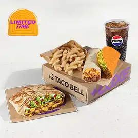 Menu 22 Discovery Luxe Box with tacos, burrito, fries, cheese dip, and Pepsi drink