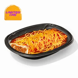 Menu 13 Enchirito filled with seasoned beef, beans, cheddar cheese, red enchilada sauce, and melted shredded cheese wrapped in a soft flour tortilla
