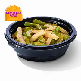 Menu 202 Fajita Veggies featuring grilled bell peppers, sliced onions, and seasoned vegetables served in a black bowl