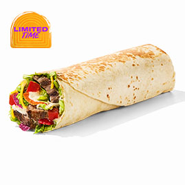 Menu 8 Fresca Pepper Jack Steak Burrito filled with seasoned steak, melted pepper jack cheese, fresh lettuce, diced tomatoes, red onions, and creamy fresca sauce wrapped in a warm flour tortilla.