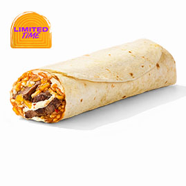 Menu 7 Melty Pepper Jack Steak Burrito filled with seasoned steak, melted pepper jack cheese, creamy cheese sauce, and savory sauce wrapped in a warm flour tortilla.