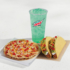 Menu 60 Mexican Pizza Combo featuring a Mexican Pizza layered with seasoned beef, refried beans, pizza sauce, melted three-cheese blend, and diced tomatoes, served with a crunchy taco and a Mountain Dew Baja Blast fountain drink.