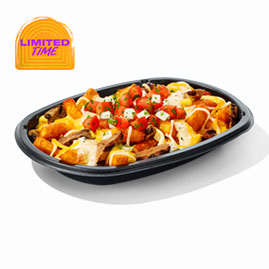 Menu 3 Pepper Jack Steak Nacho Fries topped with seasoned steak, crispy crinkle-cut fries, melted pepper jack cheese sauce, diced tomatoes, and fresh cilantro served in a black tray.