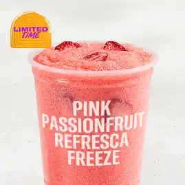 Menu 29 Pink Passionfruit Refresca Freeze with icy blended passionfruit drink served cold in a cup