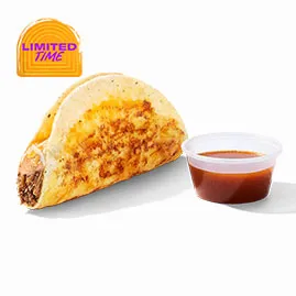 Menu 10 Shredded Beef Dipping Taco with shredded beef, melted cheese, crispy tortilla, and dipping sauce