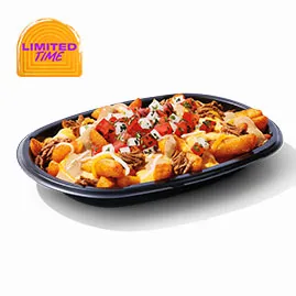 Menu 11 Shredded Beef Nacho Fries with seasoned fries, shredded beef, melted cheese, sour cream, tomatoes, and toppings