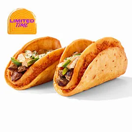 Menu 10 Two Steak Fajita Street Chalupas filled with grilled steak, fajita vegetables, shredded cheese, creamy sauce, and crispy chalupa shells