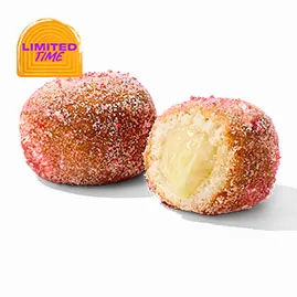 Menu 18 Two Strawberry Cinnabon Delights with strawberry flavored pastry bites filled with sweet cream cheese and coated with cinnamon sugar