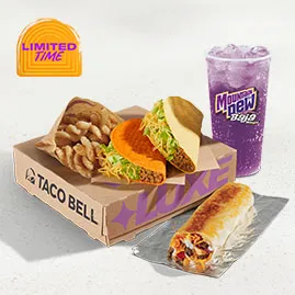 Menu 19 Ultimate Luxe Box with crunchy taco, beef burrito, chicken quesadilla, crinkle-cut fries, Mountain Dew drink, and dipping sauce