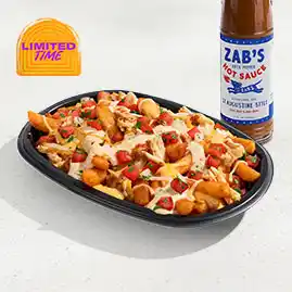 Menu 11 Zab's Chicken Ranch Nacho Fries with fries topped with chicken, cheese, ranch sauce, and toppings